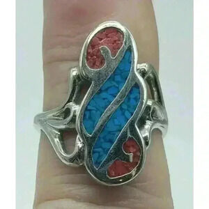 Silver Ring Native American Style Gemstone Turquoise & Coral Chips Inlaid sz 7